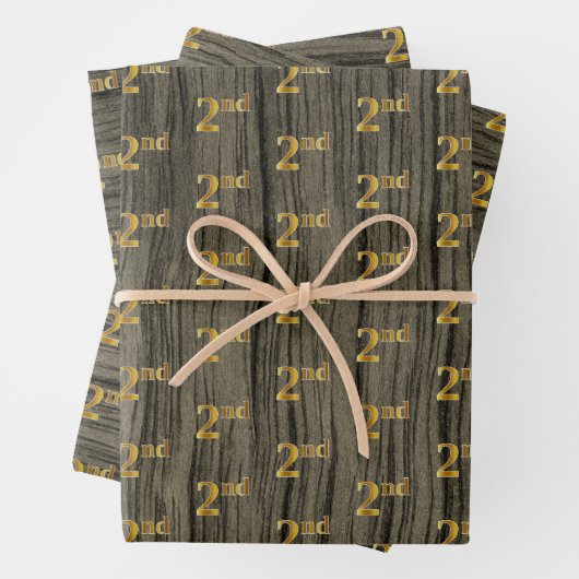 Rustic Faux Wood Grain, Elegant Faux Gold "2nd" Inpakpapier Vel (In situ)