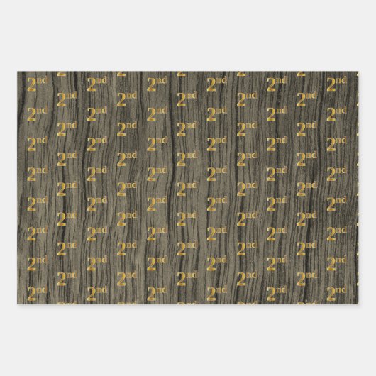 Rustic Faux Wood Grain, Elegant Faux Gold "2nd" Inpakpapier Vel (Voorkant)