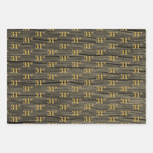 Rustic Faux Wood Grain, Elegant Faux Gold "31st" Inpakpapier Vel (Voorkant 3)