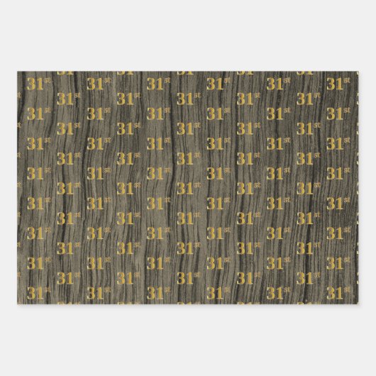 Rustic Faux Wood Grain, Elegant Faux Gold "31st" Inpakpapier Vel (Voorkant)