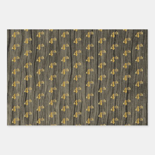 Rustic Faux Wood Grain, Elegant Faux Gold "4th" Inpakpapier Vel (Voorkant)