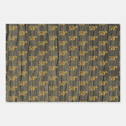 Rustic Faux Wood Grain, Elegant Faux Gold "50th" Inpakpapier Vel (Voorkant)