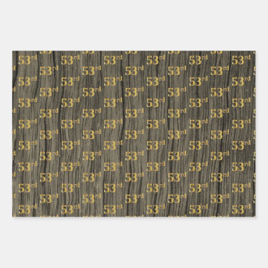 Rustic Faux Wood Grain, Elegant Faux Gold "53rd" Inpakpapier Vel (Voorkant)