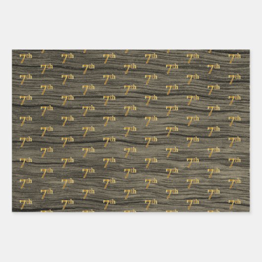 Rustic Faux Wood Grain, Elegant Faux Gold "7th" Inpakpapier Vel (Voorkant 3)