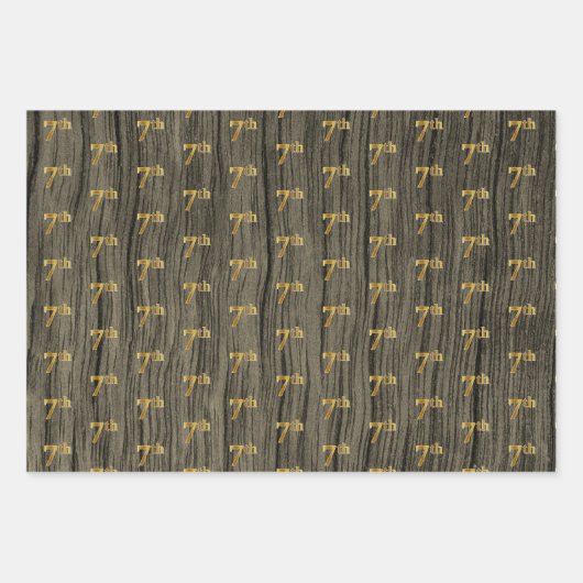 Rustic Faux Wood Grain, Elegant Faux Gold "7th" Inpakpapier Vel (Voorkant)