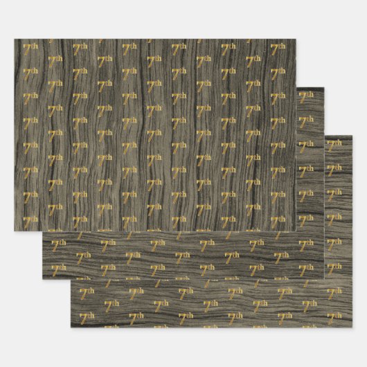 Rustic Faux Wood Grain, Elegant Faux Gold "7th" Inpakpapier Vel (Set)