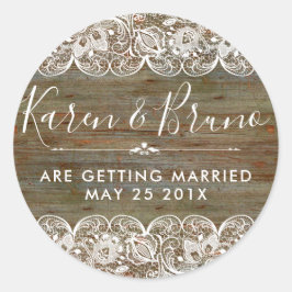 Rustic Faux Wood & White Floral Lace RSVP Ronde Sticker