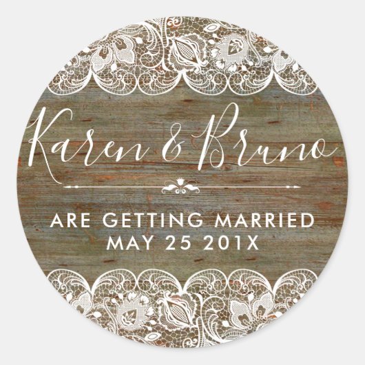 Rustic Faux Wood & White Floral Lace RSVP Ronde Sticker (Voorkant)