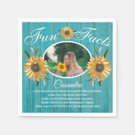 Rustic Feest Fun Fact Zonnebloem Teal Houten Serve Servet (Voorkant)