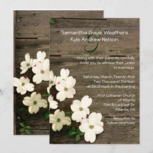 Rustic Fence & Dogwood Blooms Wedding Invitation 2 Kaart (Voorkant / Achterkant)