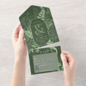 Rustic Fern Green Foliage Emerald QR-code All In One Uitnodiging (Afscheurbaar)