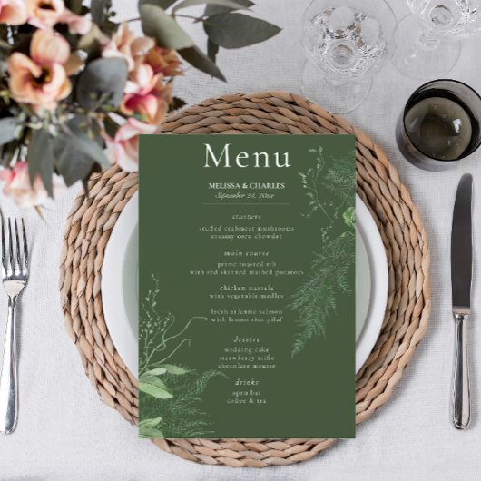 Rustic Fern Green Foliage Emerald Wedding Menu