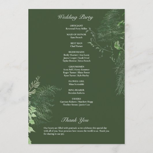 Rustic Fern Green Foliage Emerald Wedding Programmakaart (Achterkant)