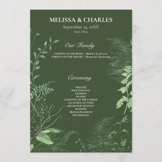 Rustic Fern Green Foliage Emerald Wedding Programmakaart (Voorkant)