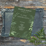 Rustic Fern Green Foliage Emerald Wedding Programmakaart<br><div class="desc">Maak kennis met ons betoverende huwelijksprogramma waar elegantie en natuur perfect op elkaar aansluiten. Een zacht, vederachtig ovaal lijst versierd met weelderig bosgroen, klimop, varens en meer, prachtig geplaatst tegen een betoverende smaragdgroene achtergrond. Leg de essentie vast van een romantische ontsnapping uit het bos met dit prachtige ontwerp dat uw...</div>