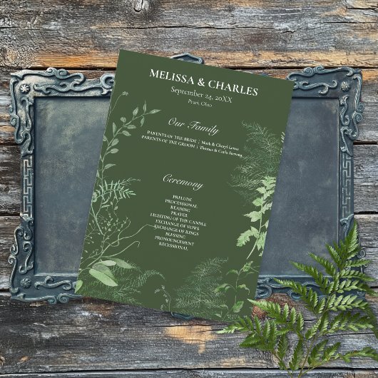 Rustic Fern Green Foliage Emerald Wedding Programmakaart