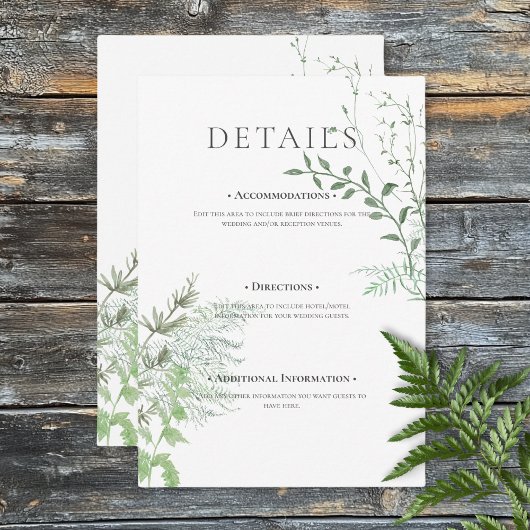 Rustic Fern Green Foliage White Wedding Details Informatiekaartje