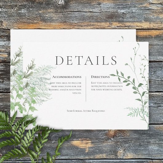Rustic Fern Green Foliage White Wedding Details Informatiekaartje