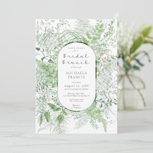 Rustic Fern Green Foliage Witte Bruids Brunch Kaart (Staand voorkant)