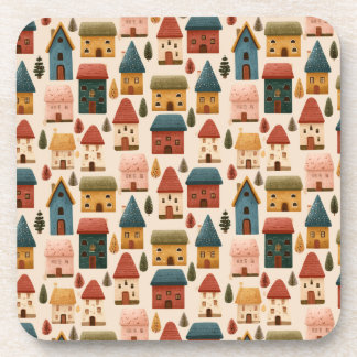 Rustic Festive Christmas Houses Seamless Pattern Bier Onderzetter