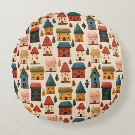 Rustic Festive Christmas Houses Seamless Pattern Rond Kussen (Voorkant)