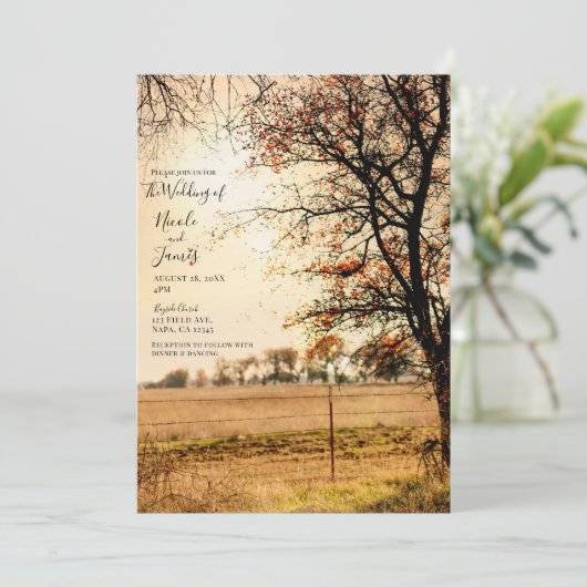 Rustic Field Gold Autumn Evening Sunset Wedding Kaart (Staand voorkant)