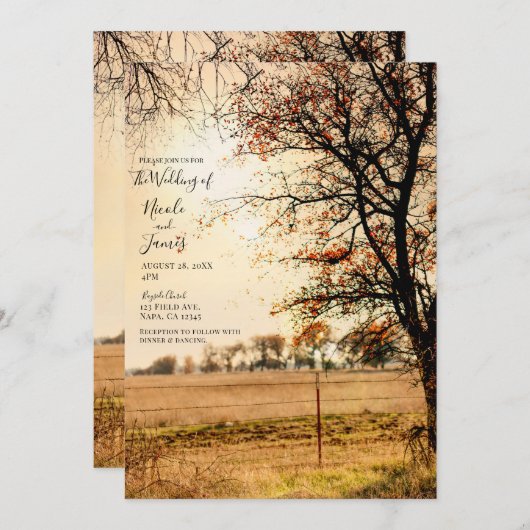 Rustic Field Gold Autumn Evening Sunset Wedding Kaart (Voorkant / Achterkant)