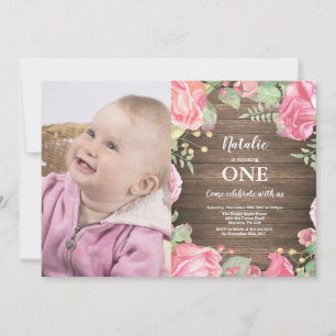 Rustic First 1e Verjaardagsuitnodiging Roze Bloeme Kaart