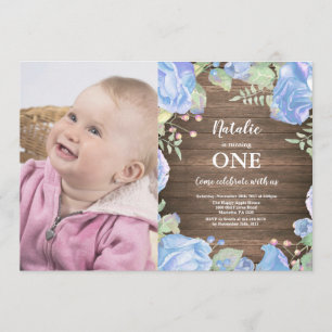Rustic First 1st Birthday Invitation Blue Floral Kaart