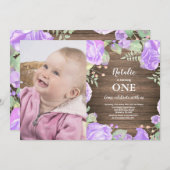 Rustic First 1st Birthday Invitation Paars Floral Kaart (Voorkant / Achterkant)