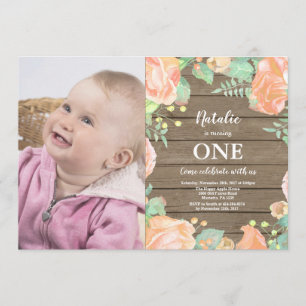 Rustic First 1st Birthday Invitation Peach Floral Kaart