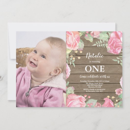 Rustic First 1st Birthday Invitation Pink Floral Kaart (Voorkant)