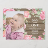 Rustic First 1st Birthday Invitation Pink Floral Kaart (Voorkant / Achterkant)