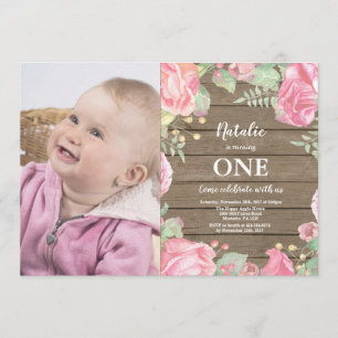 Rustic First 1st Birthday Invitation Pink Floral Kaart