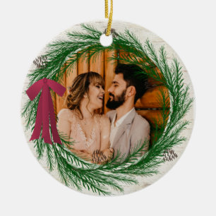 Rustic First Kerstfeest Married Pine Wreatfoto Keramisch Ornament