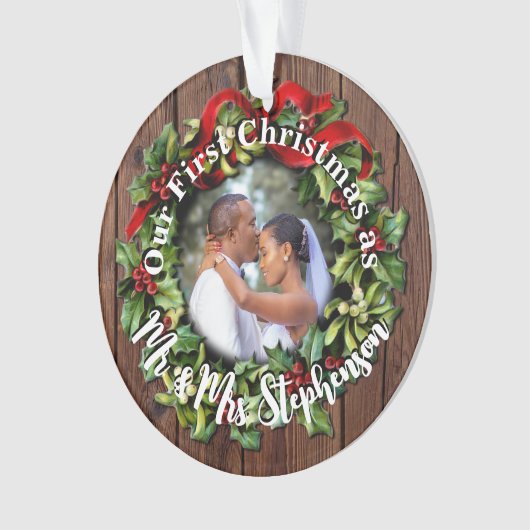 Rustic First Kerstman Mr Mrs Couple Wedding Phot Ornament (voorkant)