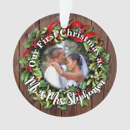 Rustic First Kerstman Mr Mrs Couple Wedding Phot Ornament (voorkant)