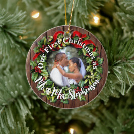 Rustic First Kerstman Mr Mrs Couple Wedding Photo Keramisch Ornament