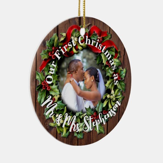 Rustic First Kerstman Mr Mrs Couple Wedding Photo Keramisch Ornament (Rechts)