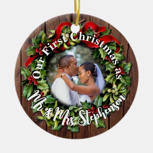 Rustic First Kerstman Mr Mrs Couple Wedding Photo Keramisch Ornament (Voorkant)