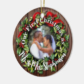 Rustic First Kerstman Mr Mrs Couple Wedding Photo Keramisch Ornament (Links)