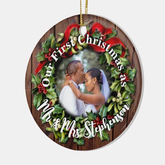 Rustic First Kerstman Mr Mrs Couple Wedding Photo Keramisch Ornament (Links)
