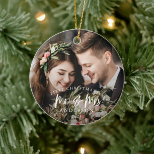 Rustic First Kerstmis als Mr en Mrs Photo Keramisch Ornament
