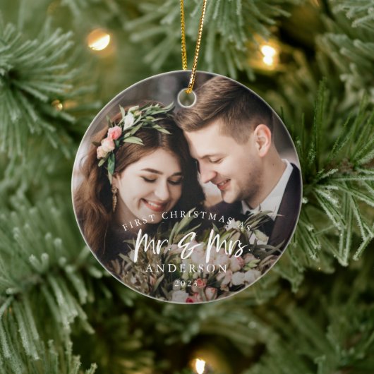Rustic First Kerstmis als Mr en Mrs Photo Keramisch Ornament (Boom)