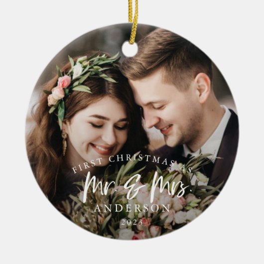 Rustic First Kerstmis als Mr en Mrs Photo Keramisch Ornament (Voorkant)