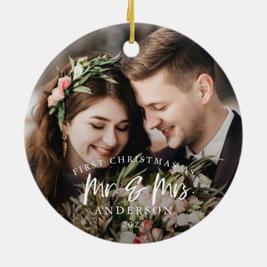 Rustic First Kerstmis als Mr en Mrs Photo Keramisch Ornament (Achterkant)