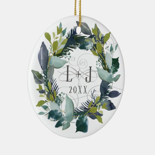 Rustic First Kerstmis Engaged Wreatfoto Keramisch Ornament (Rechts)