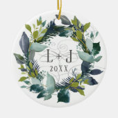Rustic First Kerstmis Engaged Wreatfoto Keramisch Ornament (Voorkant)
