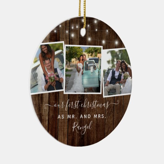 Rustic First Kerstmis Mr Mrs Photo Collage Lights Keramisch Ornament (Rechts)