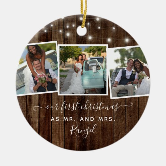 Rustic First Kerstmis Mr Mrs Photo Collage Lights Keramisch Ornament (Voorkant)